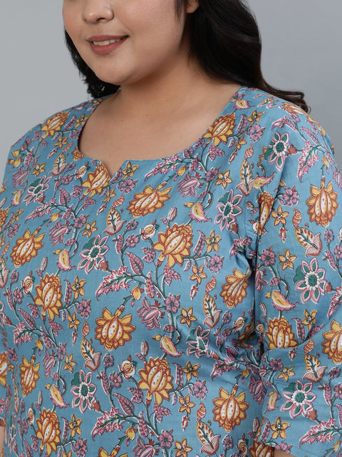 Women Blue Pure Cotton Floral Printed Regular Kurta With Trousers & Dupatta