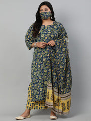 Women Navy Blue & Yellow Floral Printed Straight kurta with Plazo & Dupatta