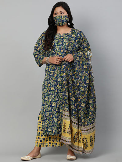 Women Navy Blue & Yellow Floral Printed Straight kurta with Plazo & Dupatta