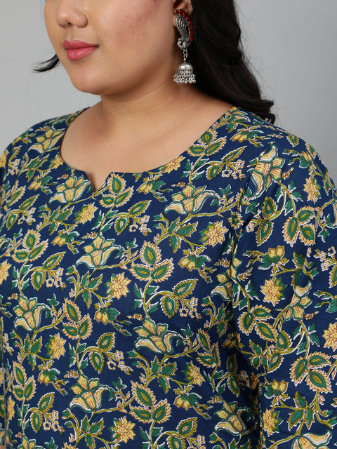 Women Navy Blue & Yellow Floral Printed Straight kurta with Plazo & Dupatta