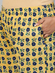 Women Navy Blue & Yellow Floral Printed Straight kurta with Plazo & Dupatta