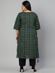Women Green & Gold Printed Straight kurta with Round Neck & Three Quarters Sleeves