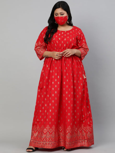 Women Red & Gold Printed Dress with Three Quarter sleeves & Dori Detailing