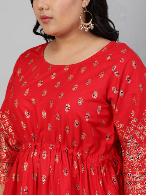 Women Red & Gold Printed Dress with Three Quarter sleeves & Dori Detailing
