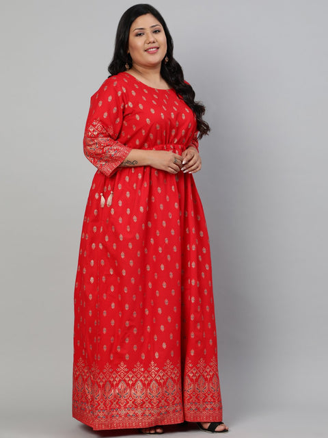 Women Red & Gold Printed Dress with Three Quarter sleeves & Dori Detailing