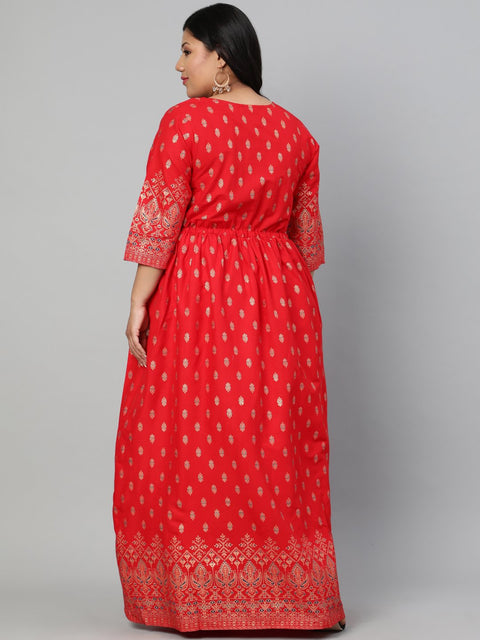 Women Red & Gold Printed Dress with Three Quarter sleeves & Dori Detailing