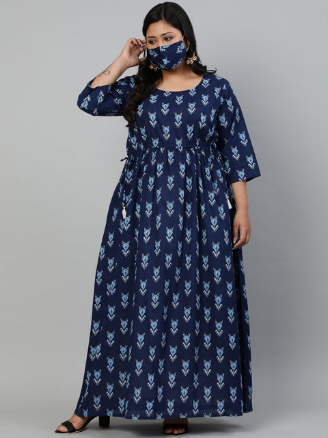 Women Indigo Blue printed Dress with Three Quarter Sleeves & Dori Detailing