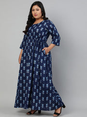 Women Indigo Blue printed Dress with Three Quarter Sleeves & Dori Detailing