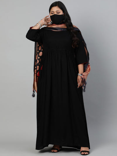 Women Solid Black Dress with Printed Dupatta