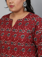 Women Maroon & Taupe Floral Printed Kurta With Plazo & Dupatta