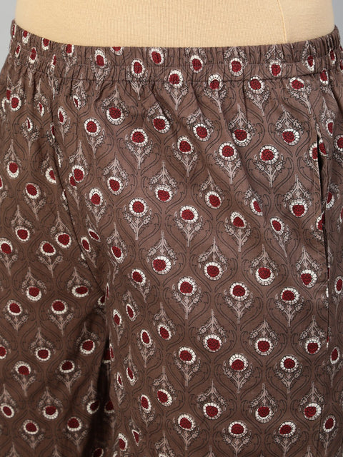 Women Maroon & Taupe Floral Printed Kurta With Plazo & Dupatta