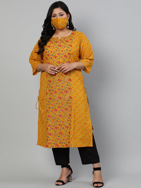 Women Mustard Printed Straight kurta with Round Neck & Three Quarters Sleeves