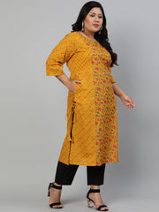 Women Mustard Printed Straight kurta with Round Neck & Three Quarters Sleeves