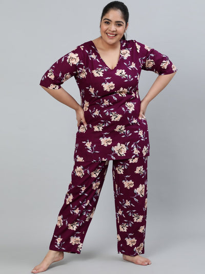 Plus Size Women Burgundy Floral Printed Night Suit With Half Sleeves