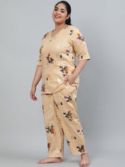Plus Size Women Cream Floral Printed Night Suit With Half Sleeves