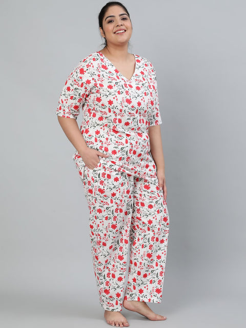 Plus Size Women Off-White Floral Printed Night Suit With Half Sleeves
