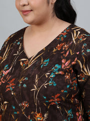 Plus Size Women Brown Floral Printed Night Suit With Half Sleeves