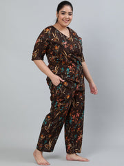 Plus Size Women Brown Floral Printed Night Suit With Half Sleeves