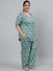 Plus Size Women Blue Printed Night Suit With Half Sleeves
