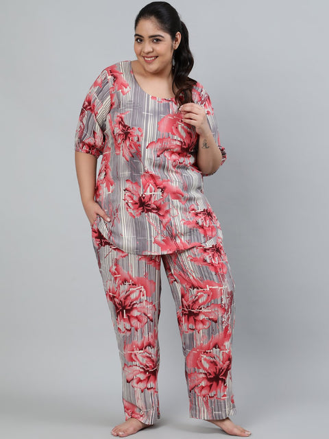 Plus Size Women Grey Printed Night Suit With Half Sleeves