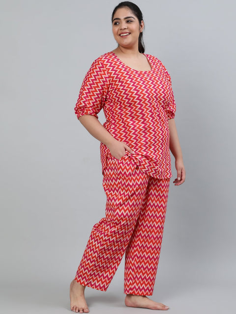 Plus Size Women Pink Printed Night Suit With Half Sleeves