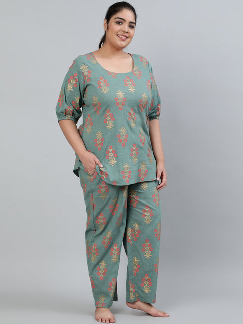 Plus Size Women Green Printed Night Suit With Half Sleeves