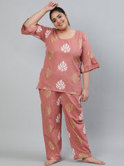 Plus Size Women Pink Printed Night Suit With Half Sleeves