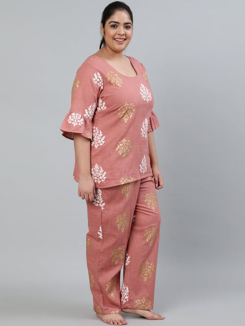 Plus Size Women Pink Printed Night Suit With Half Sleeves