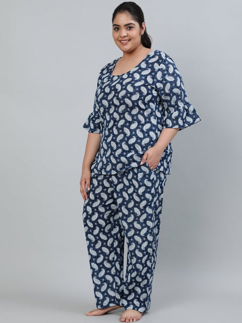 Plus Size Women Blue Printed Night Suit With Half Sleeves