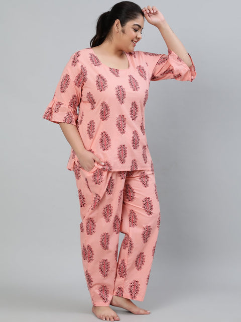 Plus Size Women Pink Printed Night Suit With Half Sleeves