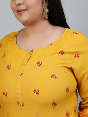 Plus Size Women Yellow & Gold Printed Staright Kurta With Three Quarter Sleeves