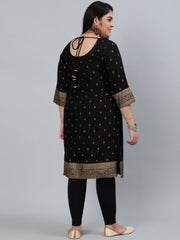 Plus Size Women Black & Gold Printed Staright Kurta With Three Quarter Sleeves