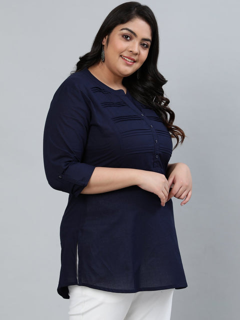 Plus Size Women Navy Blue Pleated Tunic WIth Three Quarter Sleeves
