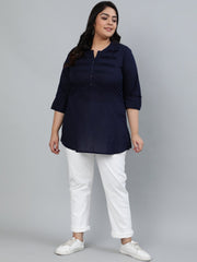Plus Size Women Navy Blue Pleated Tunic WIth Three Quarter Sleeves