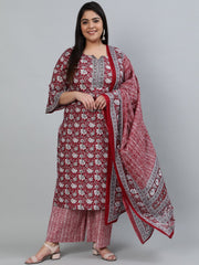 Plus Size Women Red Printed Straight Kurta With Palazo & Dupatta