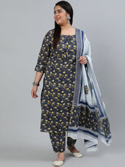 Plus Size Women Grey Printed Straight Kurta With Trouser & Dupatta