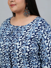 Plus Size Women Blue Printed Straight Kurta With Palazo & Dupatta