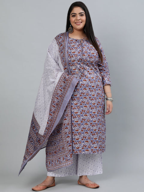 Plus Size Women Grey Printed Straight Kurta With Palazo & Dupatta