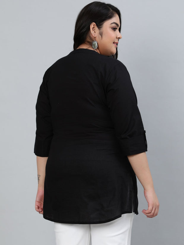 Plus Size Women Black Pleated Tunic WIth Three Quarter Sleeves