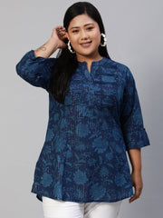 Women Navy Blue Printed Tunic With Three Quarter Sleeves