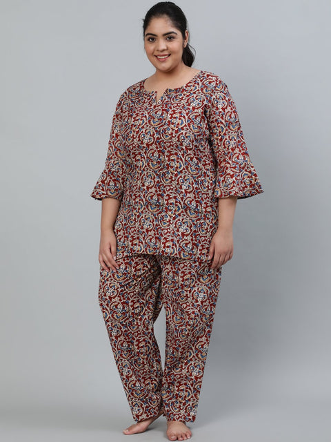 Plus Size Women Maroon Printed Night Suit With Three Quarters Flared Sleeves