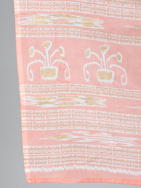 Plus Size Women Peach & Gold Printed Straight Kurta With Palazo & Dupatta