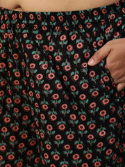 Women Black & Peach Printed Straight Kurta With Plazo & Dupatta