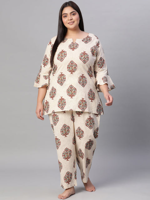 Women Cream Printed Straight Night Dress