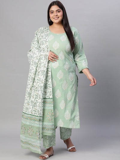 Women Green Printed Straight Kurta with Plazo & Dupatta