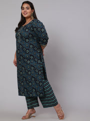 Women Plus Size Blue floral Printed Kurta And Palazzo With Dupatta