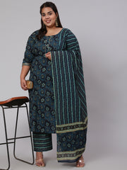 Women Plus Size Blue floral Printed Kurta And Palazzo With Dupatta