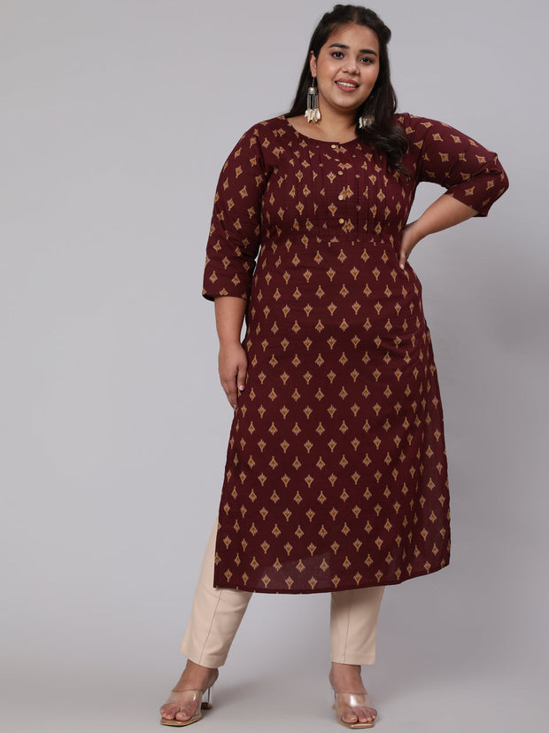 Women Plus Size Burgundy Printed straight Kurta