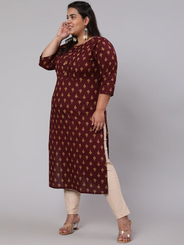 Women Plus Size Burgundy Printed straight Kurta