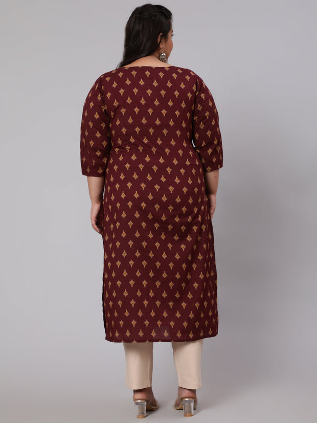 Women Plus Size Burgundy Printed straight Kurta